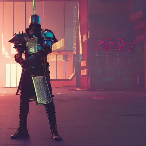 Prompt: Medieval knight in cyberpunk 2077, 3d render