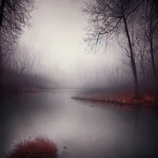 Prompt: grunge painting of a beautiful river landscape by michal karcz., taken by a disposable camera | horror | nightmare