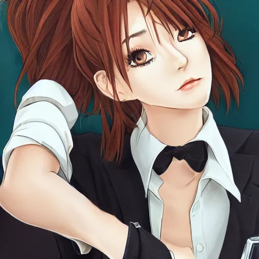 Image similar to woman in business suit, brown neat hair, pixiv, fanbox, trending on artstation, portrait, modern, sleek, highly detailed, formal, serious, determined, competent, colorized, smooth, charming, pretty, safe for work