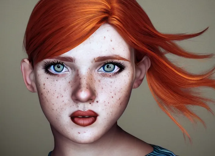 Prompt: portrait Girl with orange hair and freckles, cute-fine-face, white-hair pretty face, realistic shaded Perfect face, fine details. realistic shaded lighting by (((Yasar Vurdem)))