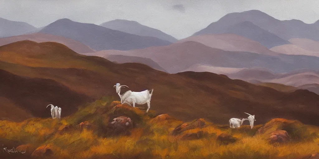 Image similar to painting of rocky highlands with goats grazing in the far distance, overcast skies, muted colors