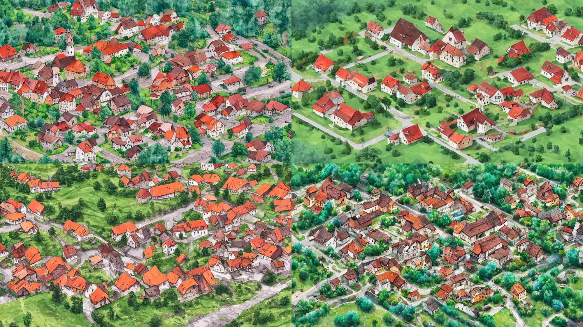 Prompt: High-Quality digital watercolor painting of a fortified traditional Bavarian village in a valley, isometric aerial view, peaceful, very detailed, digital art.