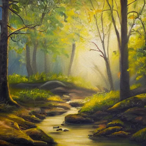 Image similar to an emotional painting of a morning in the woods by a creek with sun shining through the trees, oil painting