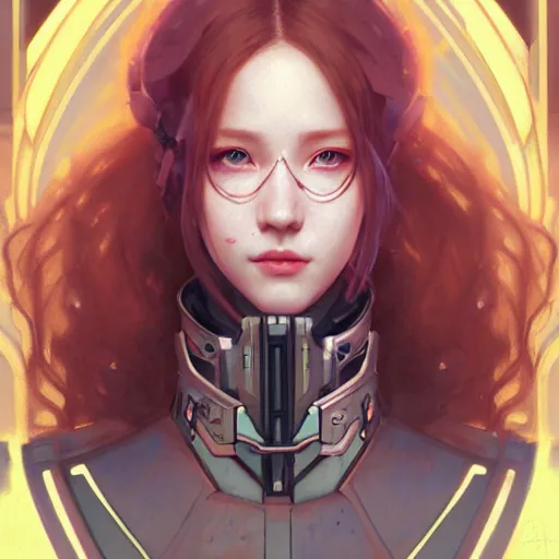 Prompt: portrait painting of cyberpunk chuu loona as a cheerful smiling mercenary, ultra realistic, concept art, intricate details, eerie, highly detailed, photorealistic, octane render, 8 k, unreal engine. art by artgerm and greg rutkowski and magali villeneuve and alphonse mucha