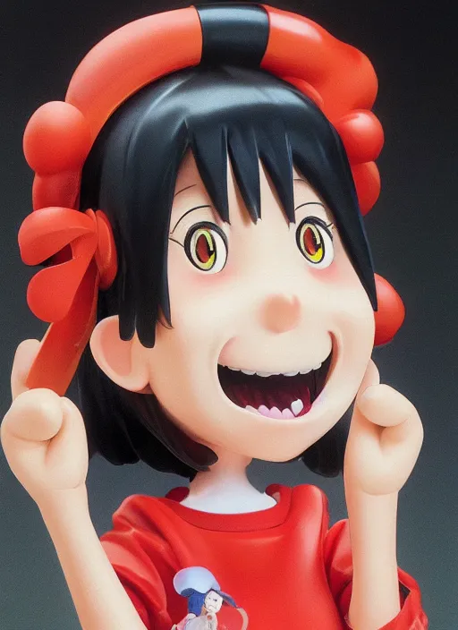 Prompt: a hyperrealistic oil panting of a looney kawaii anime girl figurine caricature with a big dumb goofy smile featured on Wallace and Gromit by Studio Ghibli