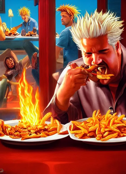 Image similar to epic cinematic poster artwork for guy fieri eating chili cheese fries, moody painting by drew struzan, beautiful backlit, colorful, iconic composition, epic award winning, artstation, extremely detailed, flare, photorealistic, 4 k