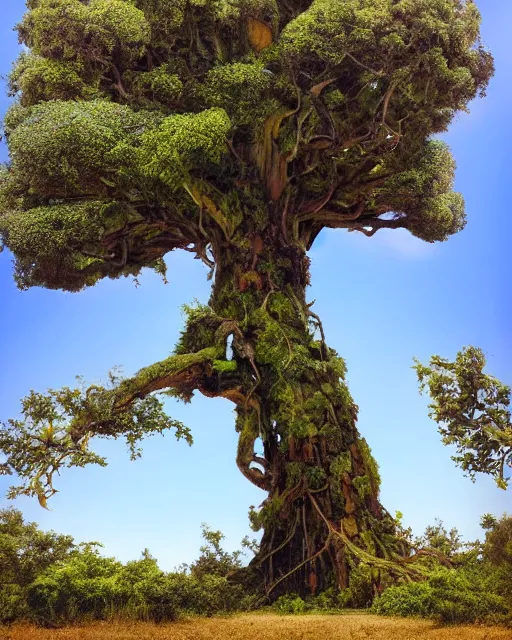 Image similar to a surreal yet plausible iphone photo of an ancient tall tree with multiple kinds of hybrid fruits and vegetables growing from it, SCP-777 the ultimate chimera tree of cornucopia, CGSociety, by James Gurney