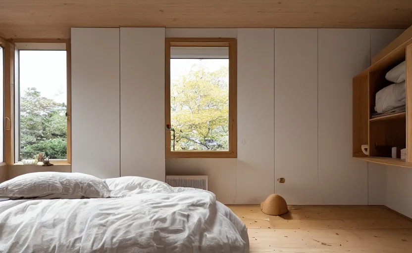 Image similar to interior of a compact minimalist bedroom in an apartment building, bed, ocher wall, cupboards, japanese design, swedish design, natural materials, pine wood, earth colors, feng shui, white, beige, bright, windows with a view of a green park, modernist, 8 k