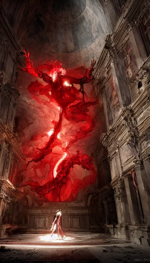 Image similar to a demonic female creature battles astaroth in an abandoned church in the vatican, 8 k, soft lighting, hdr, octane render, cinematic, red fluid on walls of the church, creature design by yasushi nirasawa, smoke, photorealistic, bokeh