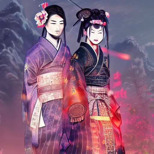 Prompt: A Japanese samurai with a Japanese geisha. 8K 3D acrylic art colourful CryEngine beautiful artwork digital illustration DSLR HDR glowing neon maximalist polished pixiv Unreal Engine vast clear photo filigree designs , by SiChen Wang