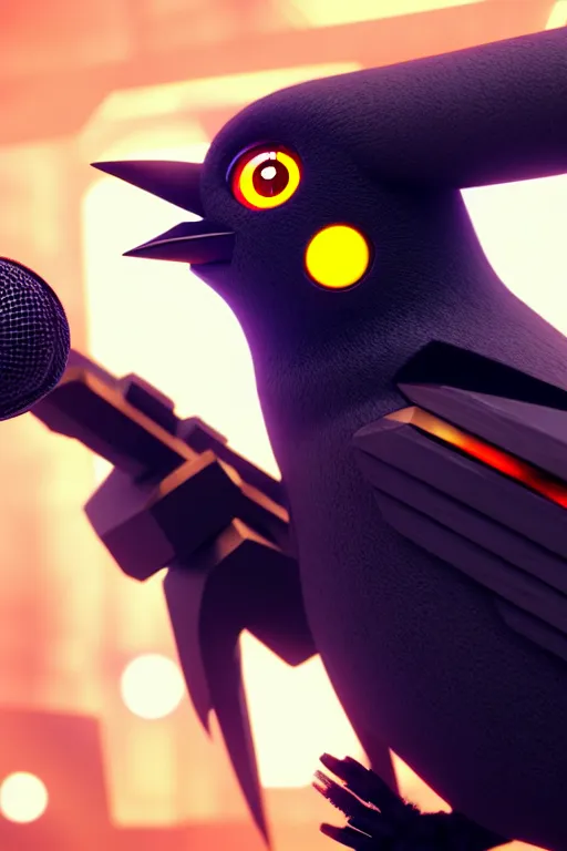 Prompt: high quality 3 d render very cute fluffy cyborg crow! sings into microphone, cyberpunk highly detailed, unreal engine cinematic smooth, in the style of blade runner & detective pikachu, hannah yata charlie immer, moody light, low angle, uhd 8 k, sharp focus