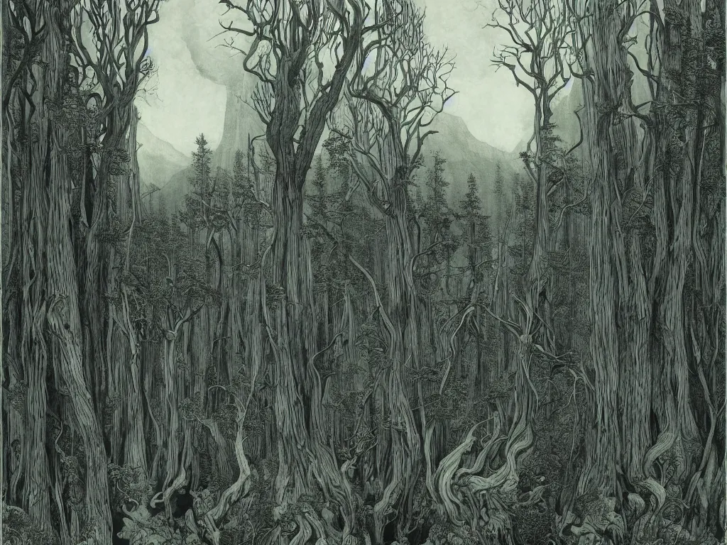 Prompt: dense forest, artstation, by aubrey beardsley, by caspar david friedrich, by laurie lipton, by kay nielsen, by ivan shishkin, calligraphy, divine, paradox, gnarly trees, terrifying, witchcraft!, hope, mountains in background