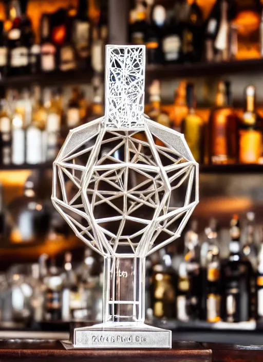 Image similar to a reflective symmetrical polyhedral 3 d printed steel engineering trophy at a high end bar in a medieval themed castle in golden afternoon light, professional food photography