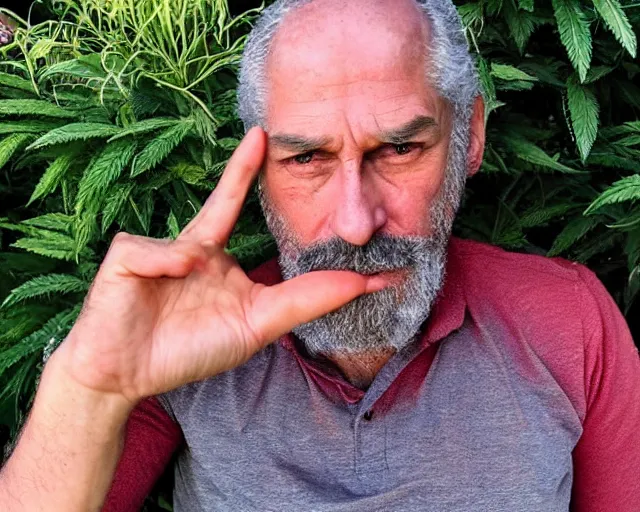 Image similar to mr robert smoke weed and meditate in the garden, he has dark grey hairs, detailed glad face, muscular chest, pregnant belly, golden hour closeup photo, red elegant shirt, eyes wide open, ymmm and that smell