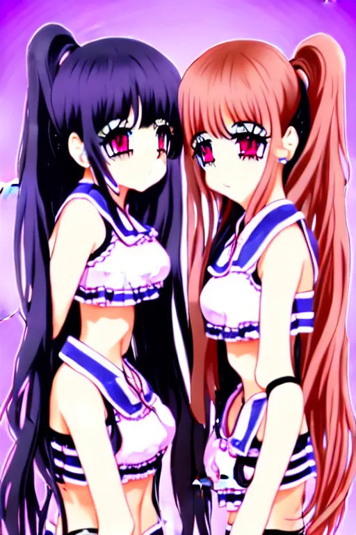 Prompt: two beautiful female idols with twintails facing each other, detailed anime art