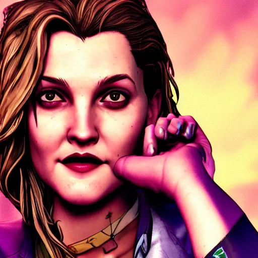 Image similar to drew barrymore portrait, borderlands, tales from the borderlands, the wolf among us, comic, cinematic lighting, studio quality, 8 k