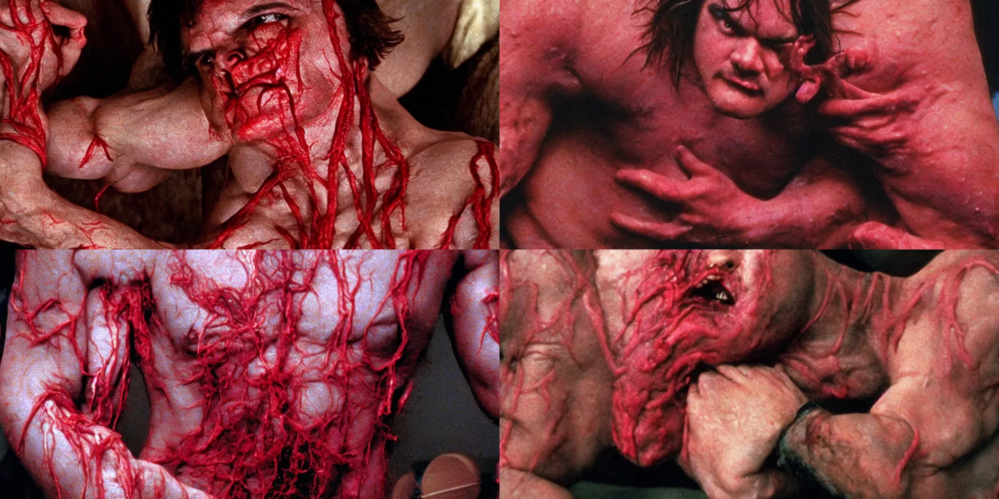Prompt: jack black body horror directed by david cronenberg, limb mutations, swollen veins, red flesh strings, cinestill 8 0 0 t, 1 9 8 0 s movie still, film grain