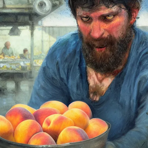 Image similar to feral man eating peaches in a factory, hunched over, mild mild impressionism, factory background, sharp colors, by greg rutkowski and asher duran