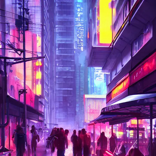 Image similar to Neon city, big street, people walking, Sergey Zabelin, cyberpunk, high detail, photo realistic, art station