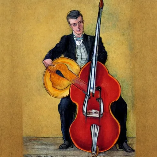 Prompt: an acoustic double bass player in the style of carl larsson