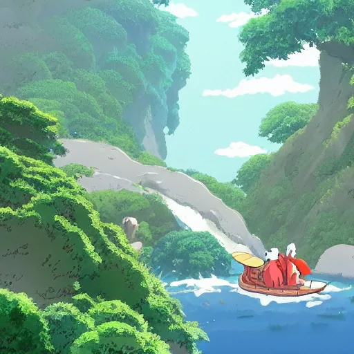 Image similar to guy and ghibli animal, climatic atmosphere made by studio ghibli, smooth, detailed face,, beautiful scene, 8k, clear