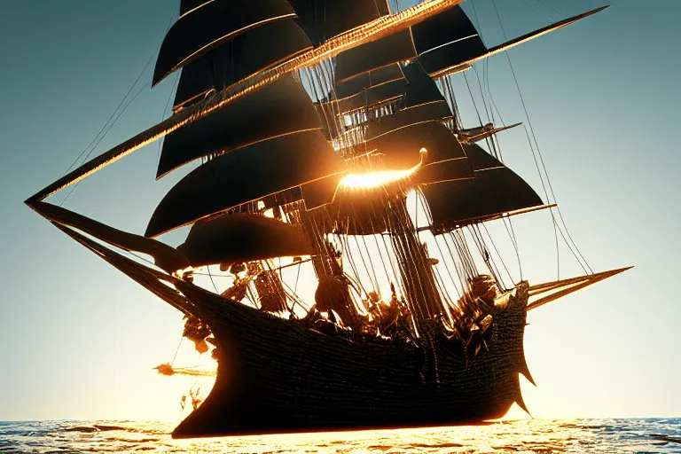 Image similar to the black pearl from pirates of the caribbean sailing across rough and cruel seas, volumetric lighting, f 8 aperture, cinematic eastman 5 3 8 4 film