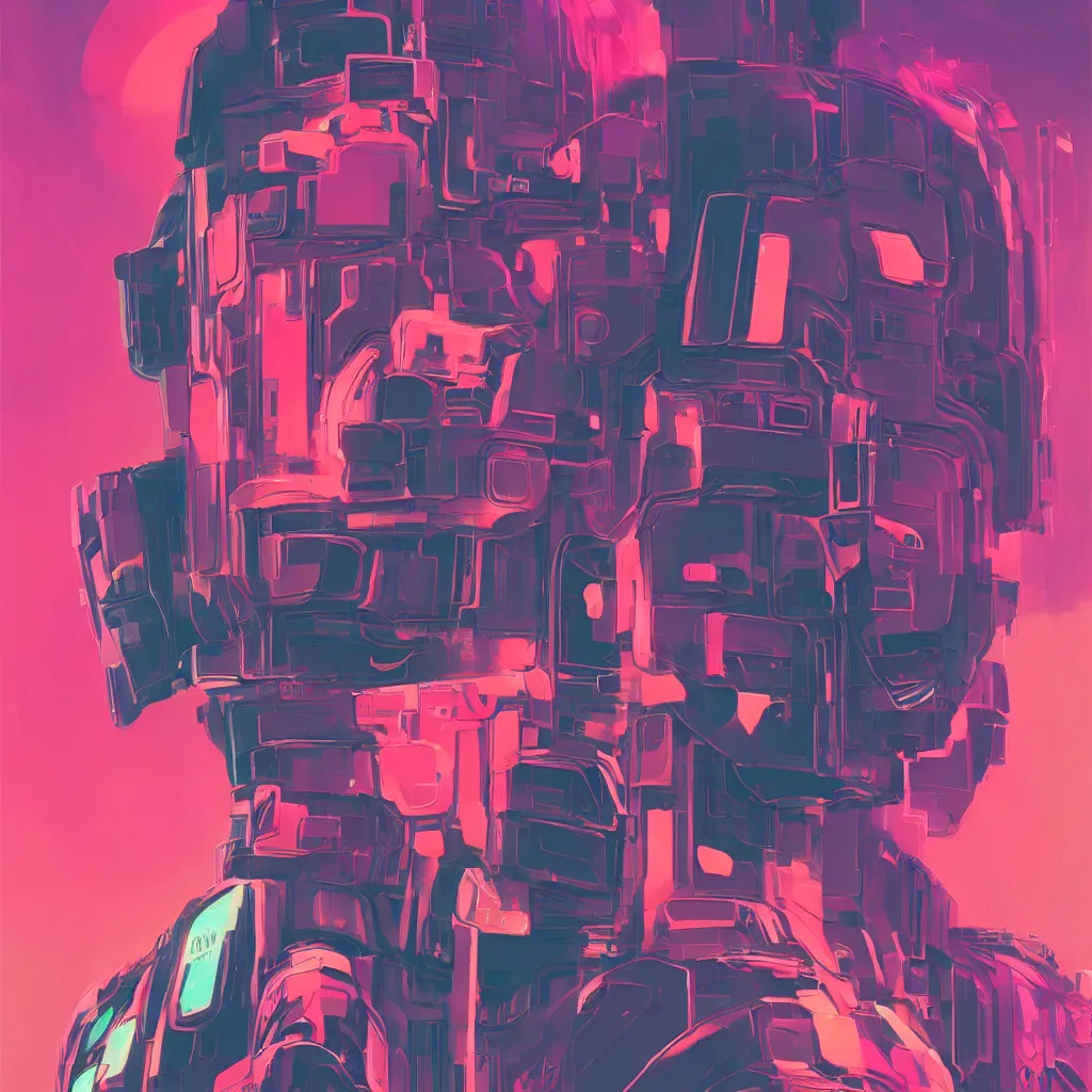 Image similar to a graph - style gouache impasto huge robot head in front of her, cyberpunk art by by james gilleard, cgsociety, retrofuturism, synthwave, retrowave, outrun