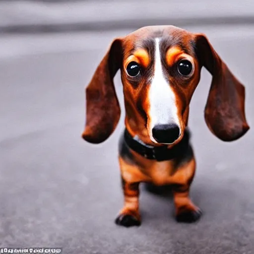 Image similar to sausage dog squinting at the viewer with a knowing look in its eyes, low quality, centered