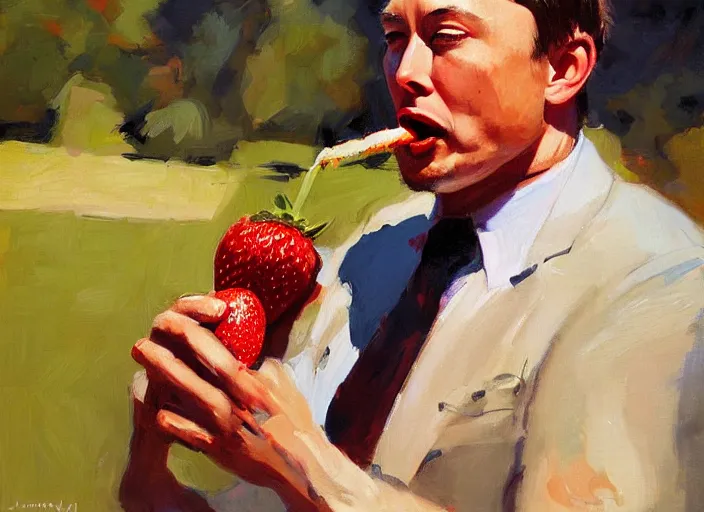 Image similar to a highly detailed beautiful portrait of elon musk eating strawberry by gregory manchess, james gurney, james jean