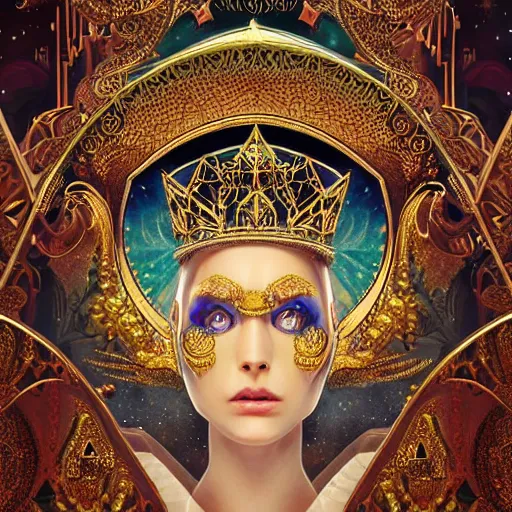 Prompt: symetrical art noveau poster illustration highly detailed ornate with jewels and precious metals majestic face of the sandman kingdom, close up in the bg entrance castle kingdom of dreams, space ships, futuristic, land of advanced races, giants, hollow earth, hiperrealistc, global illumination, radiant light, detailed and intricate environment. art by oleg oprisco, 8 k