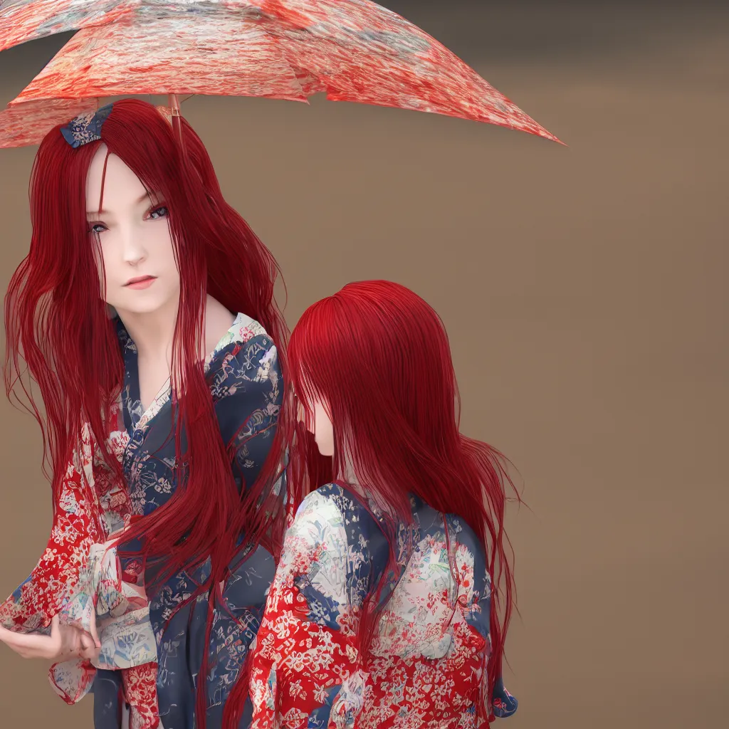 Prompt: a girl with long red hair in a kimono, rain, ultra detailed, 8 k, ctane 3 d rendered.