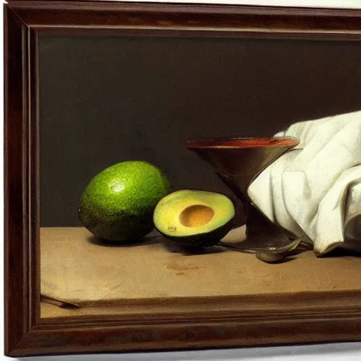 Prompt: still life by willem claesz heda, avocados, chalice, fly, linen, bread