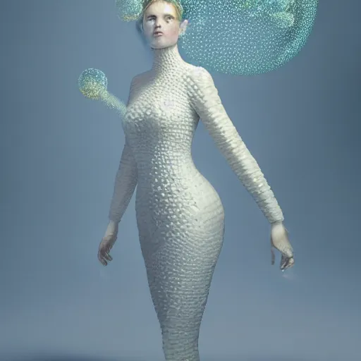 Prompt: medium shot of a woman wearing an armor made of thousands of bubbles. soft. fragile. by ray caesar. by louise dahl - wolfe. by anna claren. surreal photography. octane render