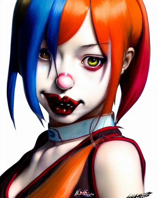 Image similar to portrait Anime as harley-quinn girl cute-fine-face, brown-red-hair pretty face, realistic shaded Perfect face, fine details. Anime. hair-pigtails, clown black-red suit realistic shaded lighting by Ilya Kuvshinov katsuhiro otomo ghost-in-the-shell, magali villeneuve, artgerm, rutkowski, WLOP Jeremy Lipkin and Giuseppe Dangelico Pino and Michael Garmash and Rob Rey