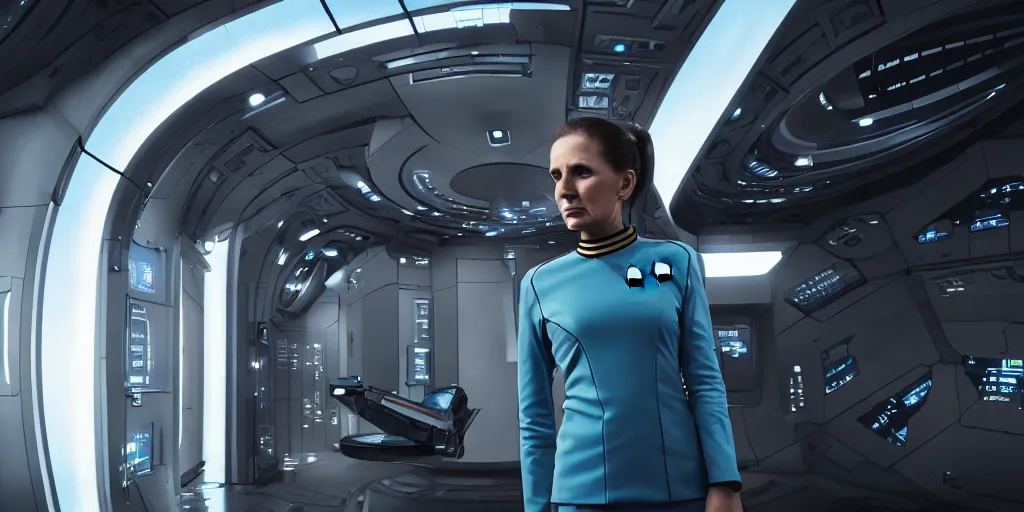 Image similar to a woman in a star trek uniform standing in front of a machine, a screenshot by René Auberjonois, cg society contest winner, retrofuturism, uhd image, elite, sci-fi