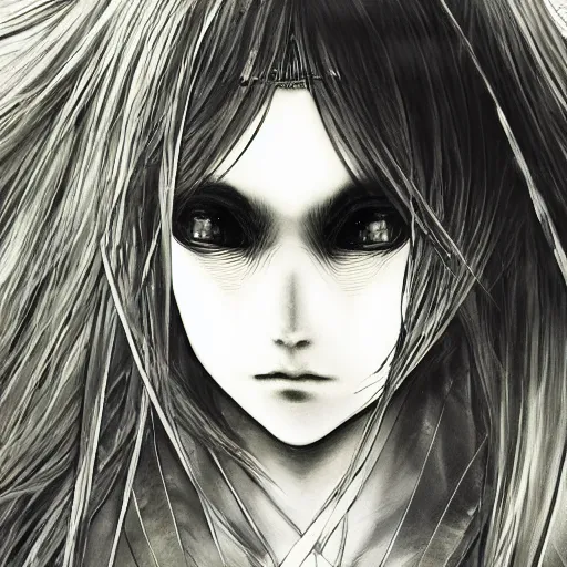 Image similar to Yoshitaka Amano blurred and dreamy illustration of an anime girl with wavy white hair and cracks on her face wearing Elden ring armour with the cape fluttering in the wind, abstract black and white patterns on the background, noisy film grain effect, highly detailed, Renaissance oil painting, weird portrait angle