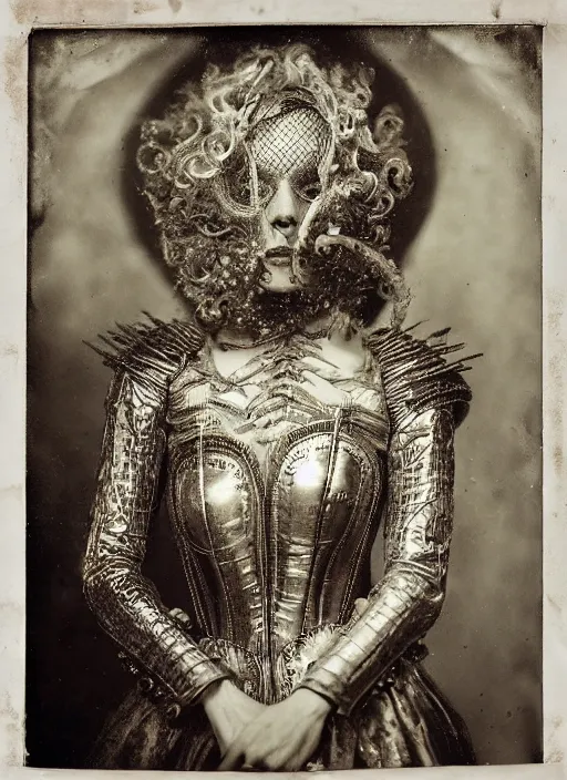 Prompt: old wetplate daguerreotype portrait of a futuristic silver armored marie antoinette cyborg, fractal, intricate, elegant, highly detailed, subsurface scattering, by jheronimus bosch and greg rutkowski and louis jacques mande daguerre