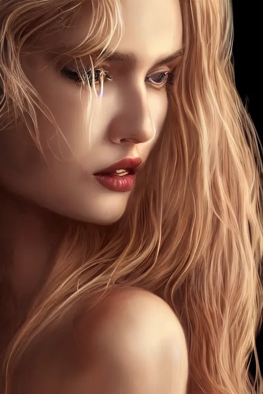 Image similar to beautiful blonde young woman's face, intricate, synth-wave, retrowave, highly-detailed, elegant, dramatic lighting, gorgeous face, lifelike, photorealistic face, long luxurious intricate gown, digital painting, artstation, illustration, concept art, smooth, sharp focus, art by Craig Russel, Barry Smith, artgerm, and Albert Aublet and Krenz Cushart and Artem Demura and Alphonse Mucha