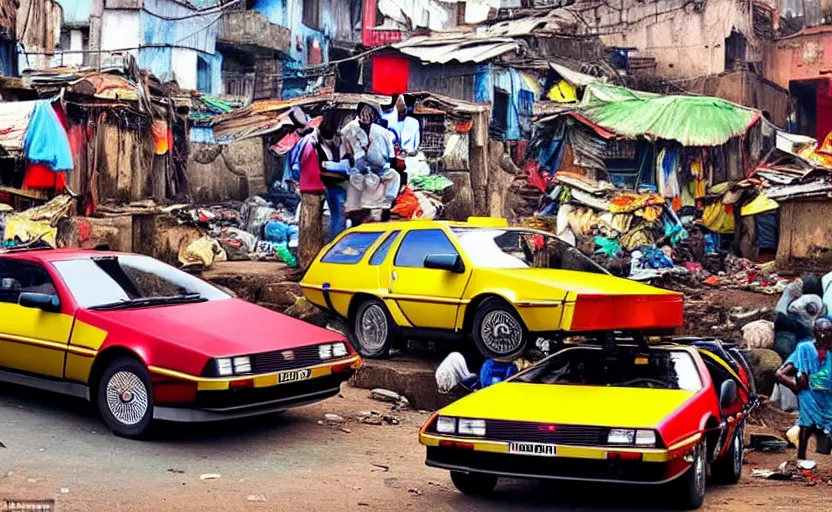 Image similar to a red and yellow delorean in ajegunle slums of lagos - nigeria, magazine collage, masterpiece,