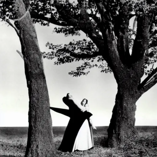 Image similar to 1 9 3 9 technicolor movie still of vampire under a big tree in the sunset, biting scarlet o'hara's neck as she swoons. he is wearing a black cape with a high collar and he is pale.