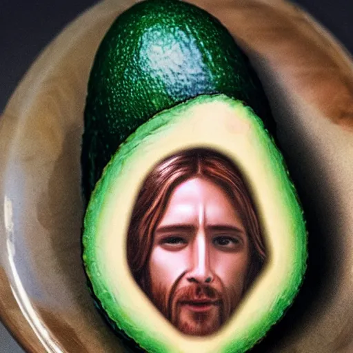 Image similar to a realistic avocado with jesus face on it, bizantine, hyperrealistic, extremely detailed, vivid, apocalyptic, volumetric illumination, 8 k, matte painting