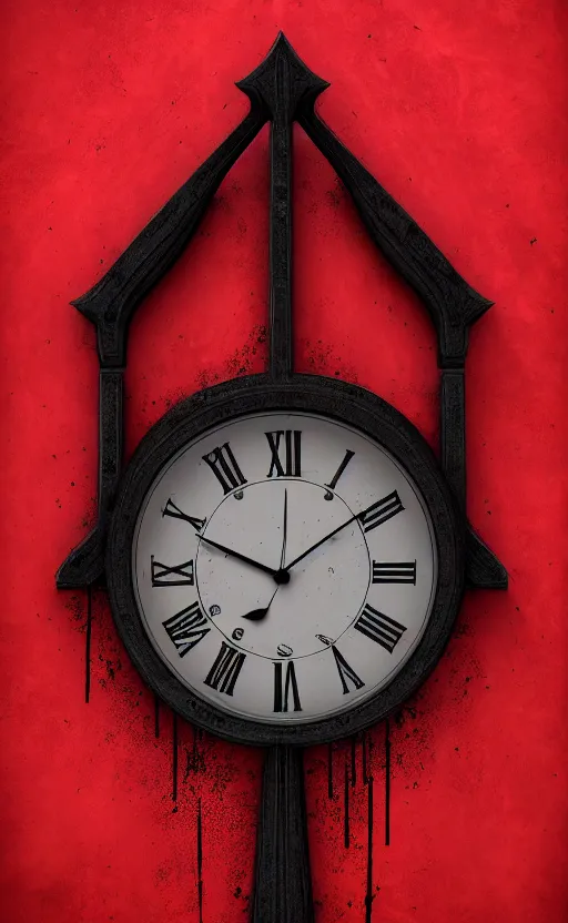 Image similar to a melting Roman numeral clock, behind a red and black gradient background, dynamic lighting, photorealistic fantasy concept art, trending on art station, stunning visuals, cinematic, creative, ultra detailed