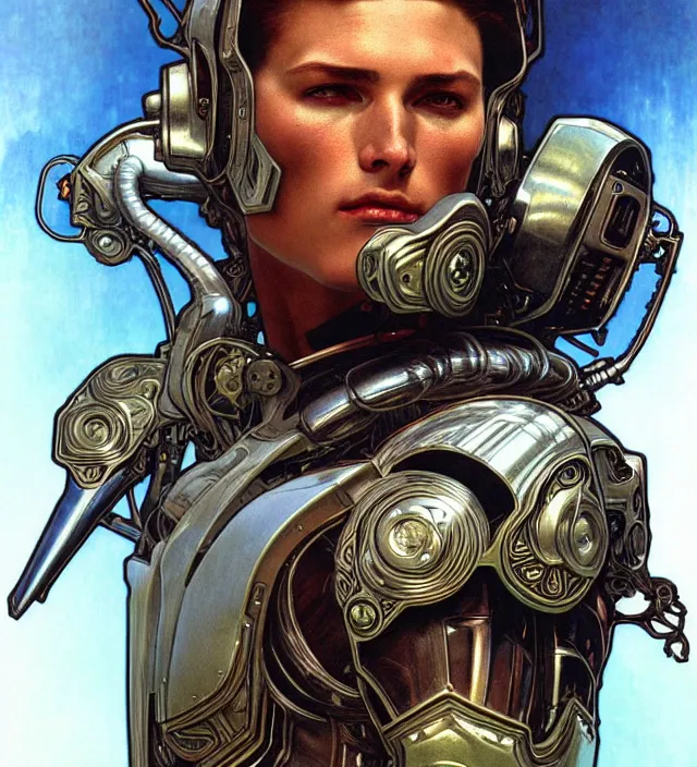 Prompt: realistic detailed face portrait of a handsome futuristic american _ football _ player in alien cyberpunk armor by alphonse mucha, ayami kojima, amano, moebius, greg hildebrandt, and mark brooks, female, feminine, art nouveau, cyberpunk, neo - gothic, gothic, masterpiece artwork, character concept design, bloodbowl player