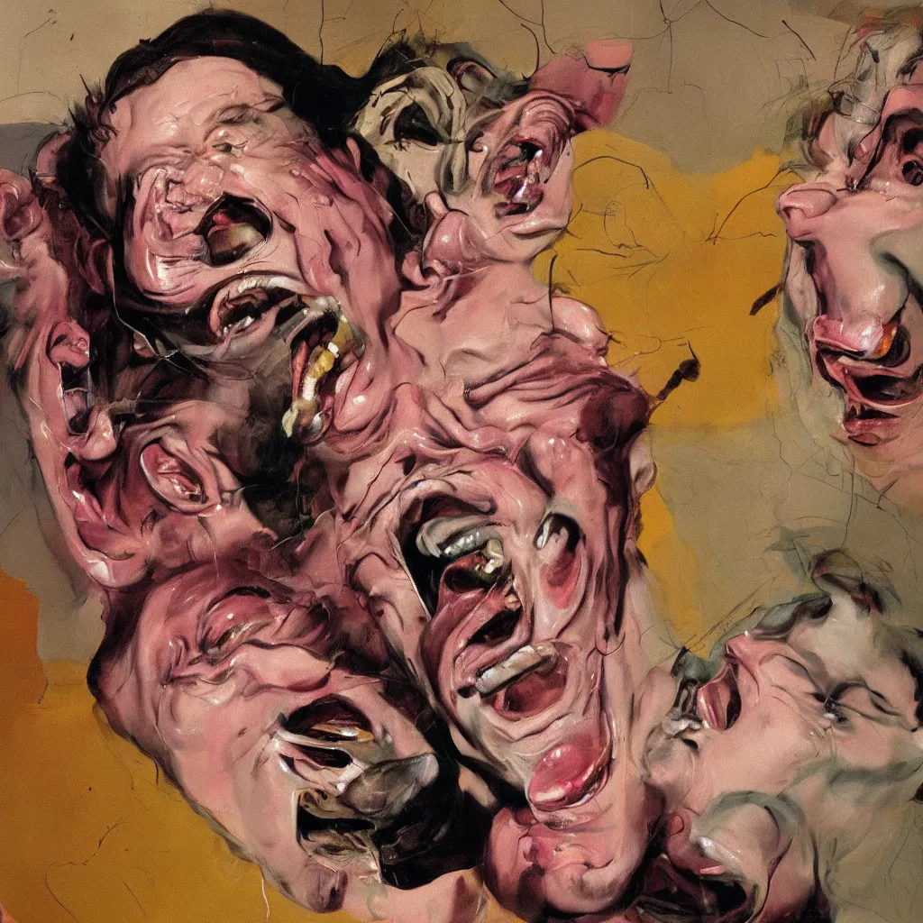 Image similar to oil painting by francis bacon and jenny saville portrait of todd solondz laughing, extremely bizarre disturbing, intense chiaroscuro lighting perfect composition masterpiece intense emotion