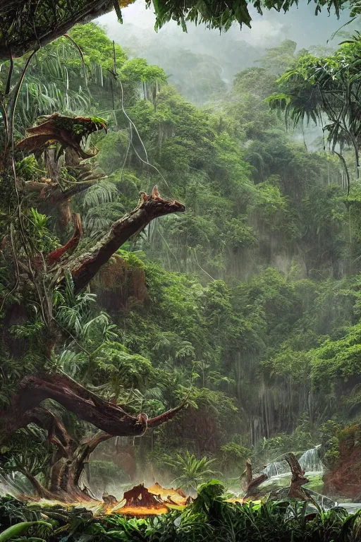 Image similar to a giant meat eating plant in the exotic jungle, landscape, alex ross, giga, david finch, concept art, matte painting, highly detailed, rule of thirds, dynamic lighting, cinematic, detailed, denoised, centerd