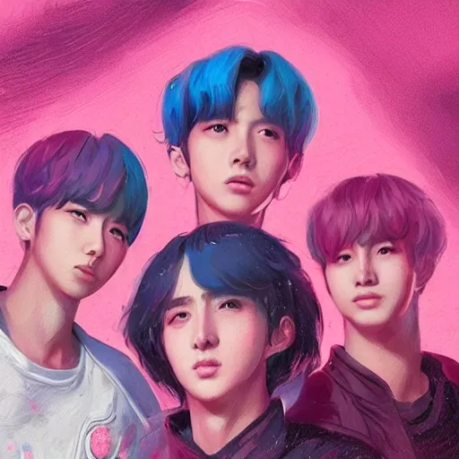 Image similar to “ a portrait of bts band, rainy background, pink bright art masterpiece artstation. 8 k, sharp high quality artwork in style of jose daniel cabrera pena and greg rutkowski, concept art by tooth wu, hearthstone card game artwork. ”