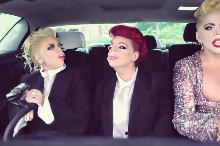 Image similar to carpool karaoke screenshot of lady gaga and judy garland, highly realistic, highly detailed, high resolution, 8 k 4 k,