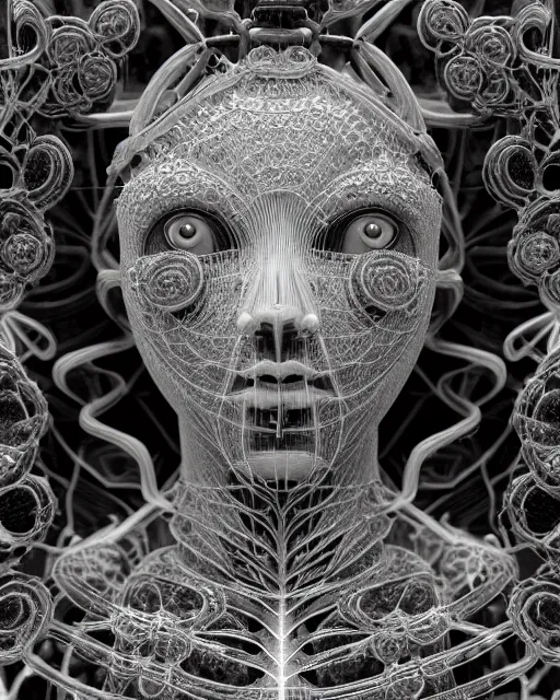 Image similar to mythical dreamy black and white organic bio-mechanical spinal ribbed profile face portrait detail of translucent steampunk beautiful female angelic-human-queen-vegetal-cyborg, highly detailed, intricate crystal ivy jelly ornate, poetic, translucent roses ornate, 3D render, digital art, octane render, 8K artistic photography, photo-realistic, by Dora Maar