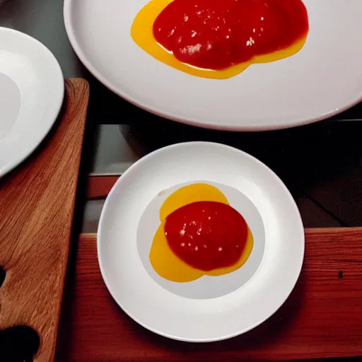 Prompt: El Bulli dish - Potato with Ketchup, food photography, award winning, mind-bending