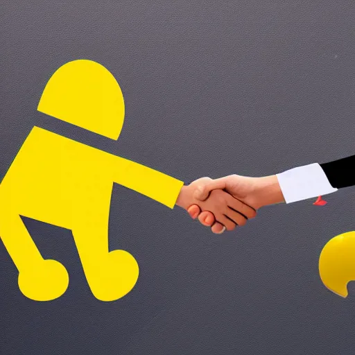 Prompt: a photo of pacman shaking hands with a mouse